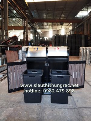 Thùng rác đôi ngoài trời xám